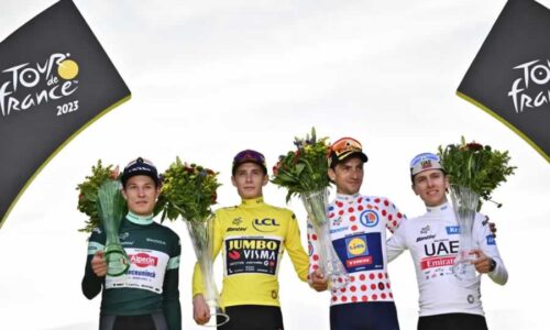 Подиум "Тур де Франс" 2023 года с Йонасом Вингегаардом (в желтом), Яспером Филипсеном (в зеленом), Джулио Чикконе (в горошек) и Тадеем Погачаром (в белом)