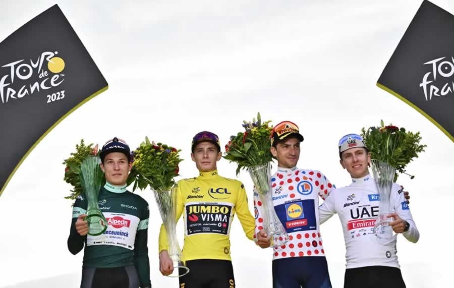 Подиум "Тур де Франс" 2023 года с Йонасом Вингегаардом (в желтом), Яспером Филипсеном (в зеленом), Джулио Чикконе (в горошек) и Тадеем Погачаром (в белом)