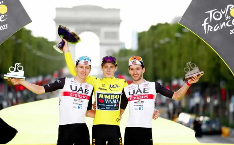 Финальный подиум "Тур де Франс" 2023 года (слева направо): второе место Тадея Погачара (UAE Team Emirates), победитель гонки Йонас Вингегаард (Jumbo-Visma) и Адам Йейтс (UAE Team Emirates) на третьем месте