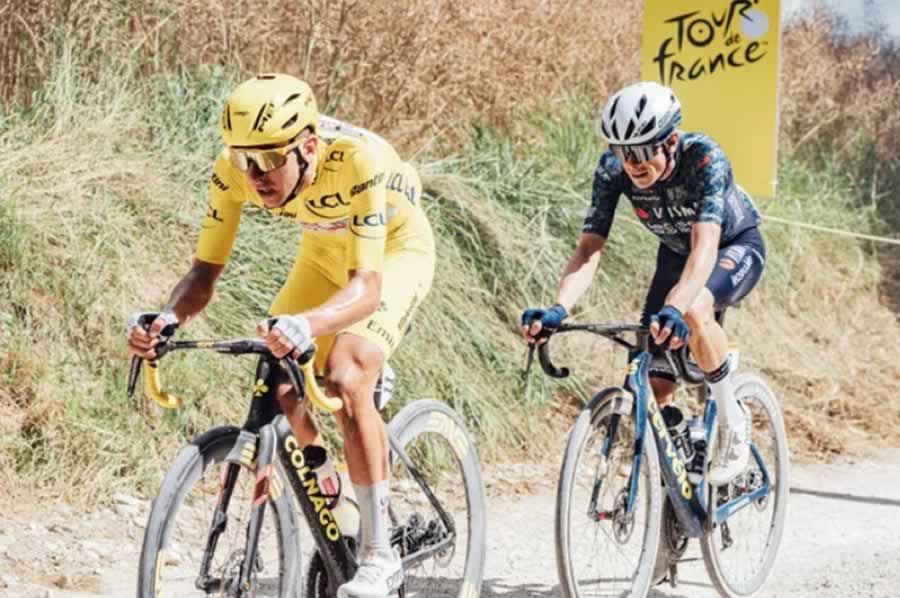 Йонас Вингегард следует за Тадеем Погачаром во время гравийного этапа «Тур де Франс 2024»